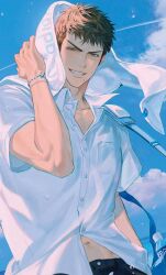 Rule 34 | 14ho sd, 1boy, bishounen, black eyes, blue bag, blue sky, bottle, bracelet, brown hair, hand on own head, highres, jewelry, looking at viewer, male focus, midriff peek, mitsui hisashi, navel, scar, scar on chin, scar on face, shirt, short hair, sky, slam dunk (series), smile, solo, toned, toned male, towel, towel on head, unbuttoned, unbuttoned shirt, upper body, water bottle, white shirt, white towel
