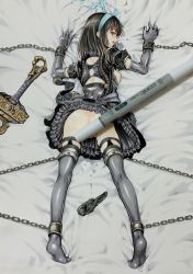 Rule 34 | 1girl, alice (sinoalice), ass, bad id, bad pixiv id, bdsm, bed sheet, black dress, black hair, black panties, black thighhighs, blue hairband, bondage, bound, breasts, breasts out, chain, clothes lift, commentary request, convenient censoring, dress, dress lift, elbow gloves, gloves, hairband, highres, katsu (24791909), looking back, lying, marker (medium), medium breasts, nipples, on bed, on stomach, open mouth, panties, unworn panties, pen, photo (medium), pussy juice stain, red eyes, sheet grab, short hair, sinoalice, solo, sword, thighhighs, traditional media, underwear, weapon