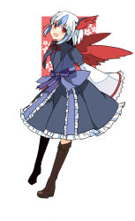 Rule 34 | 1girl, :d, bird wings, blue hair, boots, dress, frilled dress, frills, full body, haya taro pochi, head tilt, head wings, horns, long sleeves, open mouth, short hair, simple background, single head wing, smile, solo, standing, tokiko (touhou), touhou, white background, white hair, wide sleeves, wings