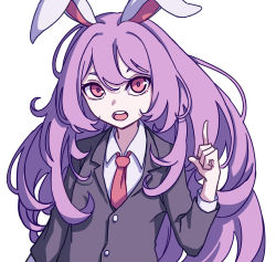 Rule 34 | 1girl, animal ears, blazer, collared shirt, eyebrows hidden by hair, highres, index finger raised, jacket, kame (kamepan44231), long hair, long sleeves, looking at viewer, one-hour drawing challenge, open mouth, purple hair, rabbit ears, red eyes, red neckwear, reisen udongein inaba, shirt, simple background, solo, touhou, upper body, white background, white shirt