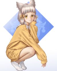 Rule 34 | 1girl, absurdres, animal ears, ankle socks, bare legs, blunt bangs, cat ears, closed mouth, eilier project, full body, grey hair, highres, long sleeves, looking at viewer, nia (xenoblade), photo-referenced, short hair, socks, solo, squatting, white background, white socks, xenoblade chronicles (series), xenoblade chronicles 2, yellow eyes
