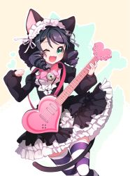 Rule 34 | 10s, 1girl, ;d, animal ears, bell, black hair, bow, bowtie, cat ears, cat tail, curly hair, cyan (show by rock!!), fang, frilled skirt, frills, green eyes, guitar, headdress, heart guitar, highres, instrument, looking at viewer, ng (kimjae737), one eye closed, open mouth, short hair, show by rock!!, skirt, smile, solo, strawberry heart (show by rock!!), striped clothes, striped thighhighs, tail, thighhighs, zettai ryouiki