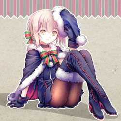 Rule 34 | 1girl, arm at side, arm support, artoria pendragon (all), artoria pendragon (fate), ass, black cape, black dress, black footwear, black gloves, black hat, black santa costume, blonde hair, boots, bow, bowtie, braid, brown thighhighs, cape, closed mouth, crossed ankles, dress, eyebrows, fate/grand order, fate (series), frown, full body, fur-trimmed boots, fur-trimmed cape, fur trim, gloves, hair bow, hand up, hat, high heel boots, high heels, holding, holding clothes, holding hat, knees up, looking at viewer, pantyhose, plastic moon, pom pom (clothes), saber (fate), saber alter, sack, santa alter, santa costume, santa hat, short dress, sidelocks, sitting, solo, striped bow, striped bowtie, striped clothes, striped neckwear, thigh boots, thighhighs, unworn hat, unworn headwear, vertical stripes, wrist cuffs, yellow eyes