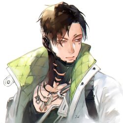 Rule 34 | 1boy, animification, apex legends, black shirt, brown eyes, brown hair, collarbone, crypto (apex legends), expressionless, jacket, jewelry, looking to the side, male focus, necklace, parted bangs, portrait, sentinel ga koku ni aru, shirt, solo, white jacket