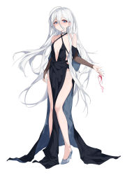 Rule 34 | 1girl, absurdres, ahoge, bare shoulders, black dress, blue eyes, breasts, breasts apart, champagne flute, choker, closed mouth, criss-cross halter, cup, detached sleeves, dress, drinking glass, earrings, full body, hair between eyes, halterneck, high heels, highres, holding, holding cup, jewelry, long dress, long hair, looking at viewer, original, pelvic curtain, side slit, simple background, sleeveless, sleeveless dress, small breasts, solo, standing, sweatdrop, white background, white hair, yume (454565427)