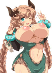 Rule 34 | 10s, 1girl, afuro, aqua eyes, blush, braid, breasts, breasts out, brown hair, carmelina (granblue fantasy), curvy, double v, dress, female focus, granblue fantasy, large breasts, long hair, looking at viewer, navel, nipples, one eye closed, open mouth, side slit, simple background, skirt, solo, standing, thighs, twin braids, v, very long hair, white background, wink