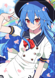 Rule 34 | 1girl, absurdres, adapted costume, black hat, blue hair, blush, bow, bowtie, buttons, closed mouth, double-breasted, eyelashes, fingernails, hair between eyes, hand up, hat, highres, hinanawi tenshi, light blush, long hair, looking at viewer, puffy short sleeves, puffy sleeves, red bow, red bowtie, red eyes, shirt, short sleeves, sidelocks, smile, solo, standing, touhou, very long hair, white shirt, yoriteruru