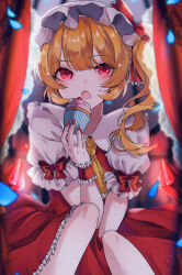 Rule 34 | 1girl, ascot, blonde hair, cowboy shot, crystal, cupcake, dress, flandre scarlet, food, hat, highres, looking at viewer, medium hair, open mouth, red eyes, red nails, side ponytail, solo, touhou, user jzes5323, yellow ascot