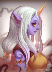 Rule 34 | 1girl, armlet, bare shoulders, closed mouth, colored skin, expressionless, from side, horns, league of legends, lips, long hair, pointy ears, profile, purple skin, sample watermark, shiny skin, shirt, single horn, sleeveless, sleeveless shirt, solo, songjikyo, soraka (league of legends), tattoo, upper body, watermark, web address, white hair, yellow eyes