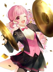 Rule 34 | 1girl, :d, black jacket, black pantyhose, black skirt, blouse, bow, bowtie, buttons, commentary request, confetti, cymbals, flower, highres, holding, holding instrument, instrument, jacket, long sleeves, looking at viewer, low twintails, one eye closed, ootori emu, open mouth, pantyhose, pink bow, pink bowtie, pink eyes, pink flower, pink hair, pink vest, pleated skirt, project sekai, shirt, short twintails, sidelocks, skirt, smile, solo, sparkle, tuxedo, twintails, vest, white shirt, yuhi (hssh 6)