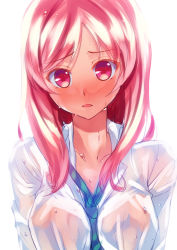 Rule 34 | 1girl, blue necktie, collarbone, hoshi ichi, long hair, long sleeves, looking at viewer, love live!, love live! school idol project, necktie, nishikino maki, open mouth, parted bangs, pink eyes, pink hair, shirt, simple background, solo, striped necktie, striped neckwear, upper body, wet, wet clothes, wet shirt, white background, white shirt