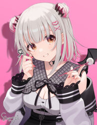 Rule 34 | 1girl, artist name, bat wings, black choker, breasts, brown eyes, choker, cleavage, colored inner hair, commentary, detached wings, double bun, finger heart, grey hair, grey shirt, grin, hair bun, hair ornament, hands up, head tilt, heart, heart hair ornament, heart o-ring, highres, honey strap, long sleeves, looking at viewer, medium breasts, mimikaki, multicolored hair, nail polish, nanashi inc., official alternate costume, official alternate hair length, official alternate hairstyle, pink background, pink hair, pink nails, shigure ui, shirt, signature, sleeve cuffs, smile, solo, streaked hair, suou patra, symbol-only commentary, upper body, virtual youtuber, wings