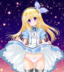 Rule 34 | 1girl, black thighhighs, blonde hair, blue eyes, blush, commentary request, flower knight girl, frilled skirt, frills, headband, hinasou (flower knight girl), lifting own clothes, long hair, panties, purple eyes, simple background, skirt, smile, solo, star (symbol), starry background, tachibana hiroki, thighhighs, underwear