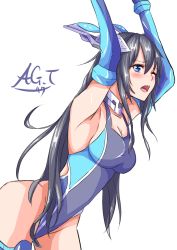 Rule 34 | 1girl, armor, armpits, arms up, black hair, blue eyes, blue gloves, blue one-piece swimsuit, blush, boots, borrowed character, breasts, collarbone, commentary request, competition swimsuit, cowboy shot, cropped arms, elbow gloves, elbow pads, gloves, groin, hair ornament, highleg, highres, horns, jewelry, kisoe mitsuki, kyoukai hishou celestite, large breasts, leaning forward, long hair, mechanical horns, mechanical parts, neck ring, one-piece swimsuit, one eye closed, open mouth, outstretched arms, partial commentary, sad, signature, solo, swimsuit, tanaka ag, thigh boots, thighhighs, thighs