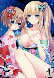 Rule 34 | 2girls, :p, absurdres, bare shoulders, blanc (neptunia), blonde hair, blue eyes, blush, breasts, brown hair, candy, chou megami shinkou noire gekishin black heart, cleavage, floral print, flower, food, hair flower, hair ornament, highres, japanese clothes, kimono, kimono pull, large breasts, lollipop, long hair, looking at viewer, multiple girls, neptune (series), night, obi, off shoulder, official art, open mouth, sash, short hair, side ponytail, sky, smile, star (sky), starry sky, tongue, tongue out, tsunako, vert (neptunia), wide sleeves, yukata
