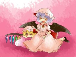 Rule 34 | 2girls, bad id, bad pixiv id, blonde hair, bow, brooch, comic, dress, closed eyes, female focus, flandre scarlet, hair bow, hammer (sunset beach), hat, jewelry, light purple hair, lying, multiple girls, on stomach, pillow, red eyes, remilia scarlet, shoes, short hair, siblings, side ponytail, silent comic, sisters, sitting, smile, touhou, wince, wings