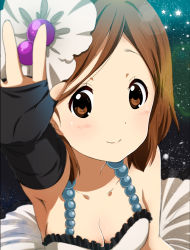Rule 34 | 1girl, bad id, bad pixiv id, blush, breasts, brown eyes, brown hair, cleavage, don&#039;t say &quot;lazy&quot;, dress, fingerless gloves, gloves, hair ornament, hirasawa yui, k-on!, looking at viewer, official style, ragho no erika, smile, solo, star (symbol), starry background, striped legwear