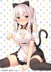 Rule 34 | 1girl, absurdres, animal ears, apron, bell, between legs, black thighhighs, blush, breasts, cat ears, cat tail, choker, cleavage, cleavage cutout, clothing cutout, collarbone, fake animal ears, frills, hand between legs, hand up, heart cutout, highres, jingle bell, karutamo, kemonomimi mode, looking at viewer, maid, medium breasts, medium hair, neck bell, open mouth, original, paw pose, sitting, solo, tail, thighhighs, tisshu (karutamo), translation request, two side up, waist apron, wariza, white apron
