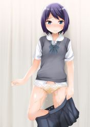 Rule 34 | 1girl, black skirt, blue bow, blue bowtie, blue eyes, blush, bow, bowtie, closed mouth, clothes pull, curtains, embarrassed, female focus, flat chest, gokiburi no dashi, grey vest, half-closed eyes, highres, holding, leg lift, nose blush, original, panties, pee, peed self, peeing, peeing self, pleated skirt, polka dot, polka dot panties, purple hair, pussy, school uniform, see-through, shirt, short hair, short sleeves, simple background, skirt, skirt pull, solo, standing, standing on one leg, sweat, tears, uncensored, underwear, undressing, vest, wet, wet clothes, white background, white panties, white shirt