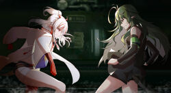 2girls absurdres arknights clenched_teeth fighting_stance gavial_(arknights) green_hair hasegawamorito highres long_hair multiple_girls nian_(arknights) pointy_ears red_eyes ryuu_ga_gotoku_(series) teeth white_hair