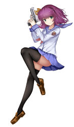 Rule 34 | 1girl, absurdres, angel beats!, beretta 92, black hairband, black thighhighs, blue sailor collar, blue skirt, bow, brown footwear, closed mouth, collared shirt, floating hair, full body, green eyes, gun, hair bow, hairband, handgun, highres, holding, holding gun, holding weapon, huijin zhi ling, loafers, long hair, looking at viewer, miniskirt, neckerchief, pleated skirt, purple hair, red neckerchief, sailor collar, sailor collar lift, sailor shirt, shirt, shoes, simple background, skirt, smile, solo, standing, thighhighs, weapon, white background, white shirt, yellow bow, nakamura yuri, zettai ryouiki