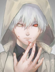 Rule 34 | 10s, 1boy, black sclera, black shirt, blood, blood on face, colored sclera, fuurin, hand up, hood, hooded jacket, jacket, kaneki ken, looking at viewer, male focus, messy hair, mismatched sclera, necktie, red eyes, shirt, short hair, solo, tokyo ghoul, white hair, white necktie