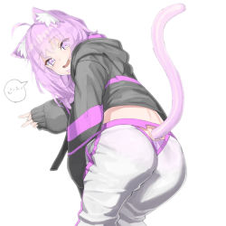 Rule 34 | 1girl, ahoge, animal ear fluff, animal ears, ass, bent over, black hoodie, cat ears, cat tail, clothing cutout, cropped jacket, eyes visible through hair, fang, from behind, highres, hololive, hood, hoodie, long sleeves, looking at viewer, looking back, medium hair, midriff, nekomata okayu, nekomata okayu (1st costume), open mouth, oshiruko (oshiruco 212048), panties, pants, panty peek, pink eyes, pink hair, pink panties, simple background, sleeves past wrists, smile, solo, speech bubble, sweatpants, tail, tail through clothes, translated, underwear, virtual youtuber, white background, white pants