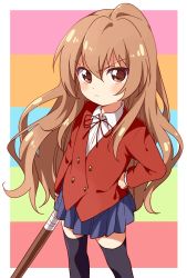 Rule 34 | &gt;:(, 1girl, aisaka taiga, black thighhighs, blue skirt, brown eyes, brown hair, clenched hand, hand on own hip, highres, holding, holding sword, holding weapon, jacket, long hair, looking at viewer, multicolored background, namori, oohashi high school uniform, red jacket, school uniform, serious, skirt, solo, sword, thighhighs, toradora!, v-shaped eyebrows, very long hair, weapon, wooden sword, zettai ryouiki