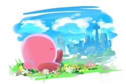 Rule 34 | bad id, bad pixiv id, blue sky, city, closed eyes, cloud, cloudy sky, commentary request, day, flower, goyain, highres, kirby, kirby (series), kirby and the forgotten land, nintendo, on grass, outdoors, pink flower, profile, sitting, sky, solo, tower, white flower