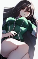 Rule 34 | 1girl, bad id, bad twitter id, black eyes, black hair, breasts, chikuma (kancolle), commentary request, female focus, highres, kantai collection, katsuobushi (eba games), large breasts, long hair, looking at viewer, lying, military, military uniform, solo, uniform