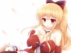Rule 34 | 1girl, :x, blonde hair, blush, bow, breast suppress, breasts, character doll, cleavage, detached collar, dress, gran (granblue fantasy), granblue fantasy, hair bow, kane-neko, katalina (granblue fantasy), large breasts, long hair, ponytail, red dress, red eyes, sidelocks, smile, solo, upper body, vira (granblue fantasy), | |