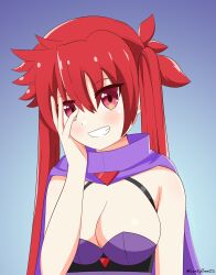 Rule 34 | 1girl, arcana heart, bra, breasts, cape, cleavage, gradient background, highres, large breasts, leafy bow, long hair, looking at viewer, medium breasts, purple bra, red eyes, red hair, scharlachrot, solo, twintails, underwear