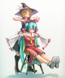 Rule 34 | 2girls, aqua eyes, aqua hair, armpits, ascot, blonde hair, blush, bobby socks, boots, bow, chair, cosplay, detached sleeves, female focus, fingernails, hair bow, hair tubes, hakurei reimu, hakurei reimu (cosplay), hat, hatsune miku, japanese clothes, kagamine rin, kirisame marisa, kirisame marisa (cosplay), long hair, multiple girls, nail polish, open mouth, outstretched arms, purple eyes, ribbon, shoe soles, shoes, simple background, sitting, sketch, smile, socks, spread arms, touhou, twintails, very long hair, vocaloid, white background, white legwear, witch hat, wokada
