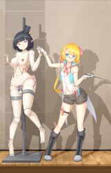 Rule 34 | 2girls, absurdres, arms behind back, bare shoulders, black footwear, black hair, blonde hair, blue eyes, boots, clitoris piercing, doll joints, extra arms, gloves, grey shorts, hair ornament, hairclip, hat, highres, holding hands, joints, kearful, knee boots, legs folded, light smile, long hair, mini hat, mini top hat, multiple girls, nipple piercing, object insertion, original, piercing, pointer, pointy ears, pussy piercing, restrained, rimless eyewear, sex toy, shirt, short hair, short shorts, shorts, stationary restraints, thighhighs, top hat, urethral insertion, vaginal, vaginal object insertion, vibrator, vibrator in thighhighs, vibrator under clothes, white gloves, white shirt, wooden floor