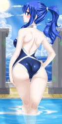 Rule 34 | 1girl, absurdres, ass, blue hair, blush, cowboy shot, day, fairy tail, from behind, hair ornament, highres, hip focus, huge filesize, juvia lockser, long hair, looking at viewer, looking back, parted lips, planeptune, ponytail, shiny skin, sidelocks, solo, standing, very long hair, wading, water