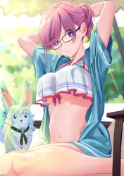 Rule 34 | 1girl, 2020, animal, arms up, artist name, bikini, blurry, blurry background, breasts, commentary request, dated, day, eyes visible through hair, fate/grand order, fate (series), fou (fate), glasses, highres, looking at viewer, mash kyrielight, mash kyrielight (swimsuit of perpetual summer ver.02), midriff, official alternate costume, outdoors, pink hair, poligon (046), ponytail, purple eyes, see-through, sitting, solo, stomach, swimsuit, twitter username, underboob, watermark