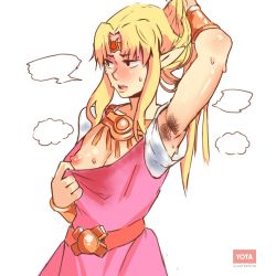 Rule 34 | 1girl, arm up, armpit hair, armpits, belt, black eyes, blonde hair, blush, breasts, circlet, clothes pull, dress, dress pull, female focus, forehead jewel, hair lift, highres, long hair, nintendo, nipples, no bra, open mouth, parted bangs, pink dress, pointy ears, princess zelda, shiny skin, short sleeves, sidelocks, small breasts, smell, solo, stained clothes, sweat, teeth, the legend of zelda, the legend of zelda: a link between worlds, upper body, upper teeth only, vambraces, watermark, yotamono
