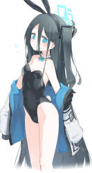 Rule 34 | 1girl, animal ears, aris (blue archive), bare shoulders, black hair, black hairband, black leotard, blue archive, blue bow, blue eyes, bow, breasts, closed mouth, collar, commentary request, detached collar, fake animal ears, hair between eyes, hairband, halo, heart, highres, homura subaru, jacket, leotard, leotard under clothes, long hair, long sleeves, off shoulder, one side up, open clothes, open jacket, playboy bunny, puffy long sleeves, puffy sleeves, rabbit ears, rabbit tail, simple background, sleeves past fingers, sleeves past wrists, small breasts, smile, solo, tail, very long hair, white background, white collar, white jacket, wing collar