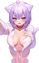Rule 34 | 1girl, :3, :d, ahoge, animal ear fluff, animal ears, arm up, bow, bow panties, breasts, cat ears, cat girl, cat tail, collar, collared shirt, deaver, fang, feet out of frame, from above, hand on own chest, highres, hololive, large breasts, long sleeves, looking at viewer, medium hair, nekomata okayu, nekomata okayu (oversized shirt), no bra, open clothes, open mouth, open shirt, panties, purple bow, purple collar, purple eyes, purple hair, purple panties, selfie, shirt, simple background, smile, solo, standing, tail, tail raised, underwear, virtual youtuber, white background, white shirt