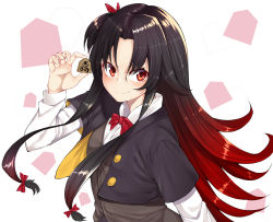 Rule 34 | 1girl, absurdres, black hair, black jacket, bow, bowtie, brown vest, closed mouth, collared shirt, cropped jacket, gradient hair, hair between eyes, hair bow, hand up, highres, jacket, long sleeves, looking at viewer, mikan (chipstar182), multicolored hair, open clothes, open jacket, red bow, red bowtie, red eyes, red hair, ryuuou no oshigoto!, shirt, smile, smug, solo, vest, white shirt, wing collar, yashajin ai