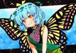 Rule 34 | 1girl, :d, bad id, bad twitter id, blue background, blue hair, butterfly wings, dress, eternity larva, gradient background, gradient eyes, green dress, insect wings, leaf, leaning forward, looking at viewer, multicolored eyes, open mouth, pointy ears, qqqrinkappp, short hair, smile, solo, touhou, traditional media, upper body, v arms, wings, yellow eyes