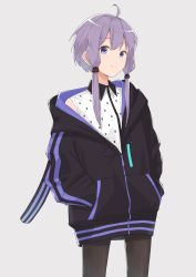 Rule 34 | 1girl, a.i. voice, absurdres, ahoge, animal ears, animal print, black jacket, black pantyhose, commentary, grey background, hands in pockets, highres, hood, hooded jacket, jacket, looking at viewer, minatsuki (m1natsuk1), pantyhose, purple eyes, purple hair, rabbit ears, rabbit print, shirt, short hair with long locks, simple background, sleeveless, sleeveless shirt, smile, solo, vocaloid, voiceroid, white shirt, yuzuki yukari, yuzuki yukari (a.i. voice)