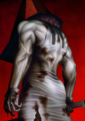 Rule 34 | 1boy, ass, back, bara, bare shoulders, blood, blood on clothes, blood on hands, blood stain, from behind, gloves, holding, holding weapon, male focus, monster, muscular, pyramid head, red background, silent hill (series), silent hill 2, sinichi okazaki, sleeveless, solo, tank top, torn clothes, torn legwear, veins, weapon, white tank top