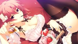 Rule 34 | 1girl, breasts, chocolate, cleavage, dutch angle, food, fork, fruit, game cg, hoshi no ouji-kun, large breasts, legs, mouth hold, panties, parfait, pocky, qp:flapper, red eyes, red hair, skirt, solo, spoon, strawberry, thighhighs, thighs, underwear, waitress