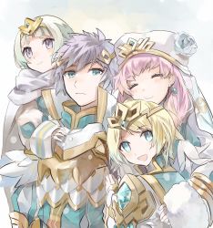 Rule 34 | 1boy, 3girls, armor, blonde hair, blue eyes, blunt bangs, blush, brother and sister, closed eyes, closed mouth, earrings, fire emblem, fire emblem heroes, fjorm (fire emblem), fur trim, group hug, gunnthra (fire emblem), hair ornament, highres, hrid (fire emblem), hug, hukashin, jewelry, multiple girls, nintendo, open mouth, pink hair, purple eyes, shoulder armor, siblings, sisters, white background, white hair, ylgr (fire emblem)