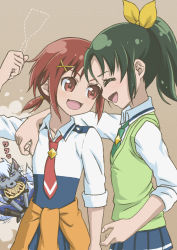 Rule 34 | 10s, 2girls, bad id, bad pixiv id, brown background, c-chrone, closed eyes, clothes around waist, green hair, green necktie, green sweater vest, hair ornament, hino akane (smile precure!), midorikawa nao, mouth hold, multiple girls, necktie, ponytail, precure, red eyes, red hair, school uniform, skirt, sleeves rolled up, smile, smile precure!, sweater, sweater around waist, sweater vest, werewolf, wolfrun