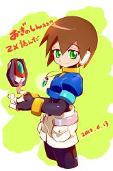Rule 34 | 1girl, 2017, aile (mega man zx), bodystocking, bracelet, brown hair, capcom, closed mouth, cowboy shot, cropped jacket, cropped legs, dated, female focus, gloves, green eyes, hair between eyes, inti creates, jewelry, kon (kin219), layered sleeves, light smile, biometal, long sleeves, looking at viewer, looking to the side, mega man (series), mega man zx, model z (mega man), pantyhose, pantyhose under shorts, pendant, pocket, puffy short sleeves, puffy sleeves, robot ears, short hair, short over long sleeves, short shorts, short sleeves, shorts, solo, standing, text focus, white shorts