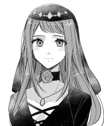 Rule 34 | 1girl, absurdres, black headwear, blush, close-up, dress, fire emblem, fire emblem engage, flower, greyscale, hair ornament, highres, illust mi, ivy (fire emblem), jewelry, long hair, looking at viewer, mole, mole under mouth, monochrome, nintendo, official alternate costume, portrait, rose, simple background, smile, solo, straight-on, swept bangs, upper body, white background