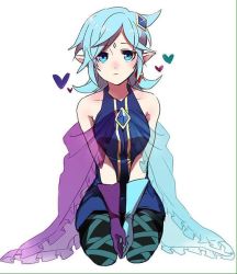 Rule 34 | 1girl, ahoge, aqua eyes, aqua hair, bare shoulders, breasts squeezed together, breasts, fi (zelda), forehead jewel, gloves, hair ornament, heart, humanization, kneeling, looking at viewer, medium hair, multicolored clothes, multicolored gloves, nintendo, pantyhose, pointy ears, see-through, solo, source request, the legend of zelda, the legend of zelda: skyward sword, white background