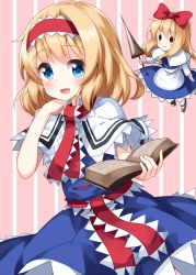 Rule 34 | 1girl, alice margatroid, ascot, blonde hair, blue dress, blue eyes, blush, book, capelet, dress, frilled neckwear, frills, hair between eyes, hairband, highres, holding, holding book, lolita hairband, open mouth, red ascot, red hairband, ruu (tksymkw), shanghai doll, short hair, short sleeves, smile, solo, touhou, white capelet
